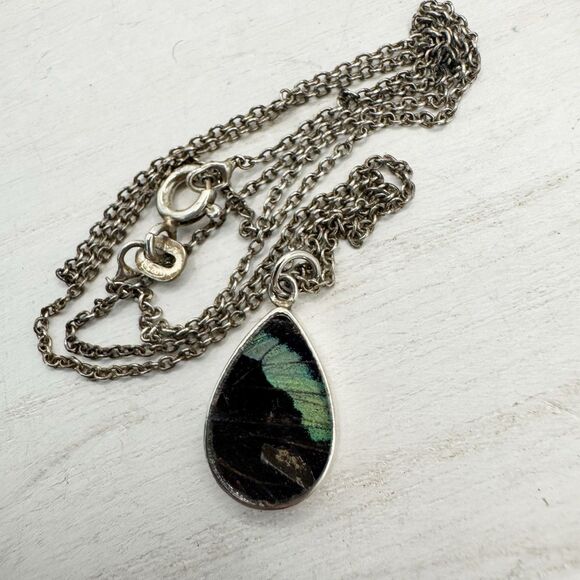 950 Silver Morpho And Red Butterfly Two Sided Pendant Necklace Fairycore Whimsy - Picture 8 of 16